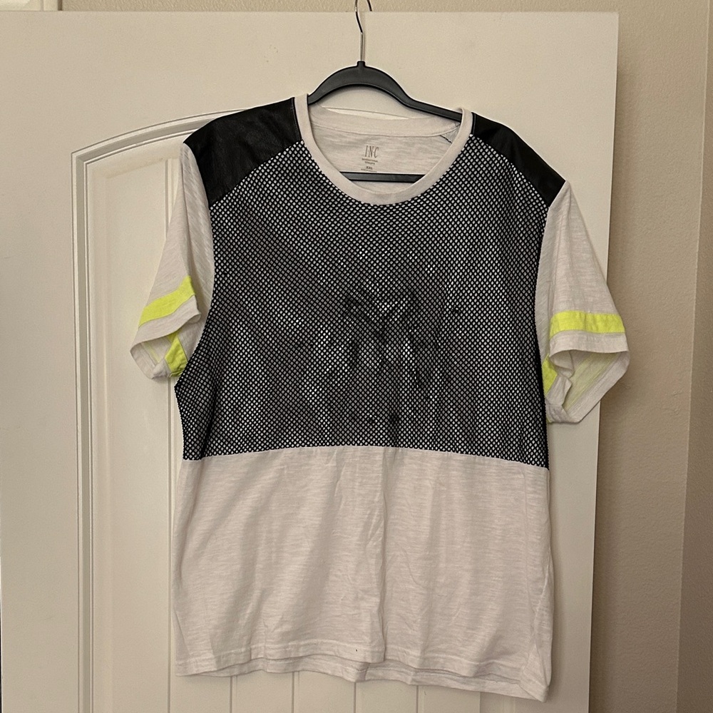 White T-Shirt with Neon Yellow and Black Accents